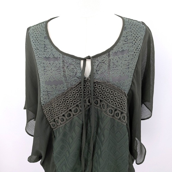 Olive Green Boho Lace Tie Neck Blouse Sheer Batwing Top Women's XL - Picture 6 of 9